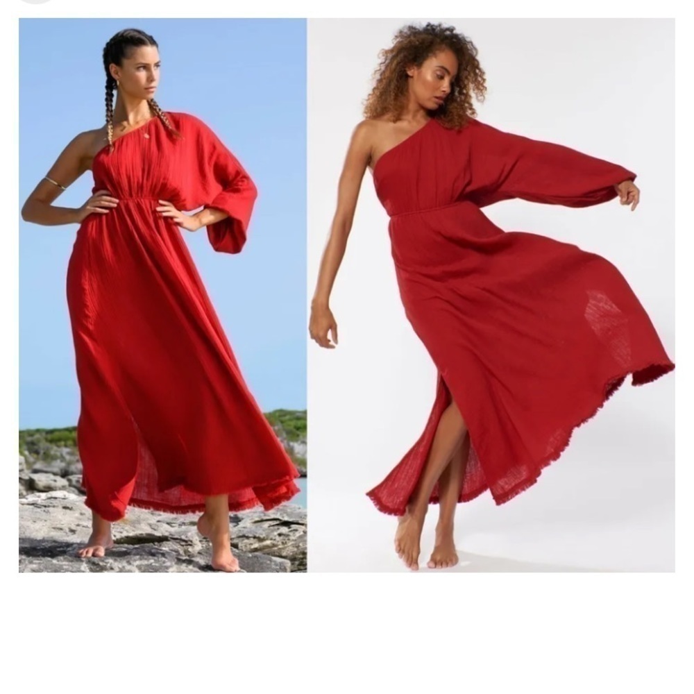 Red Carter Maxi dress one sleeve elastic waist with slit blue Size 8